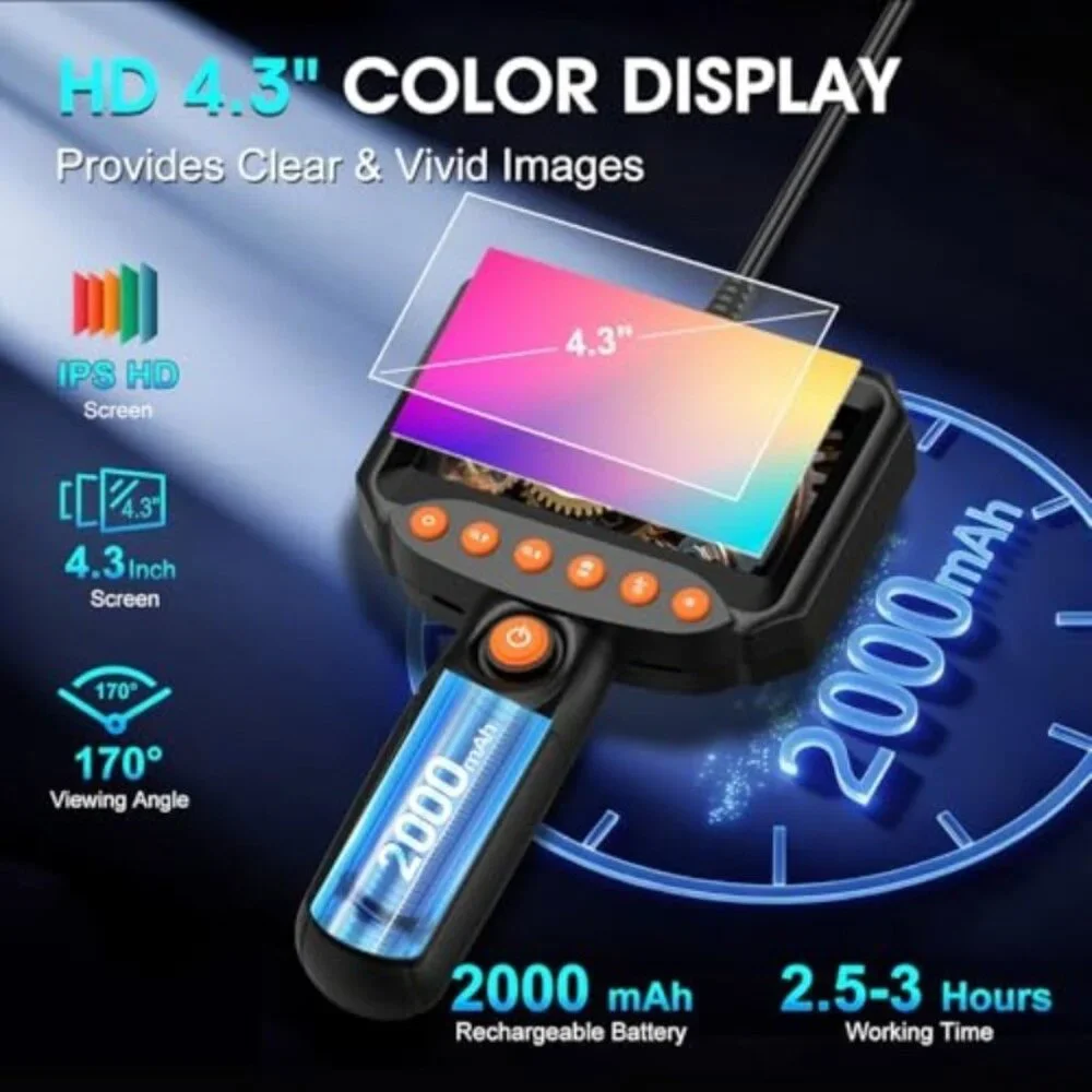 Dual Lens Endoscope Camera with Light, 1920P HD Industrial Borescope with 4.3
